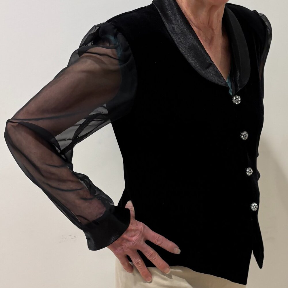 Vintage black velvet vest jacket, sheer sleeves, rhinestone buttons, waistcoat